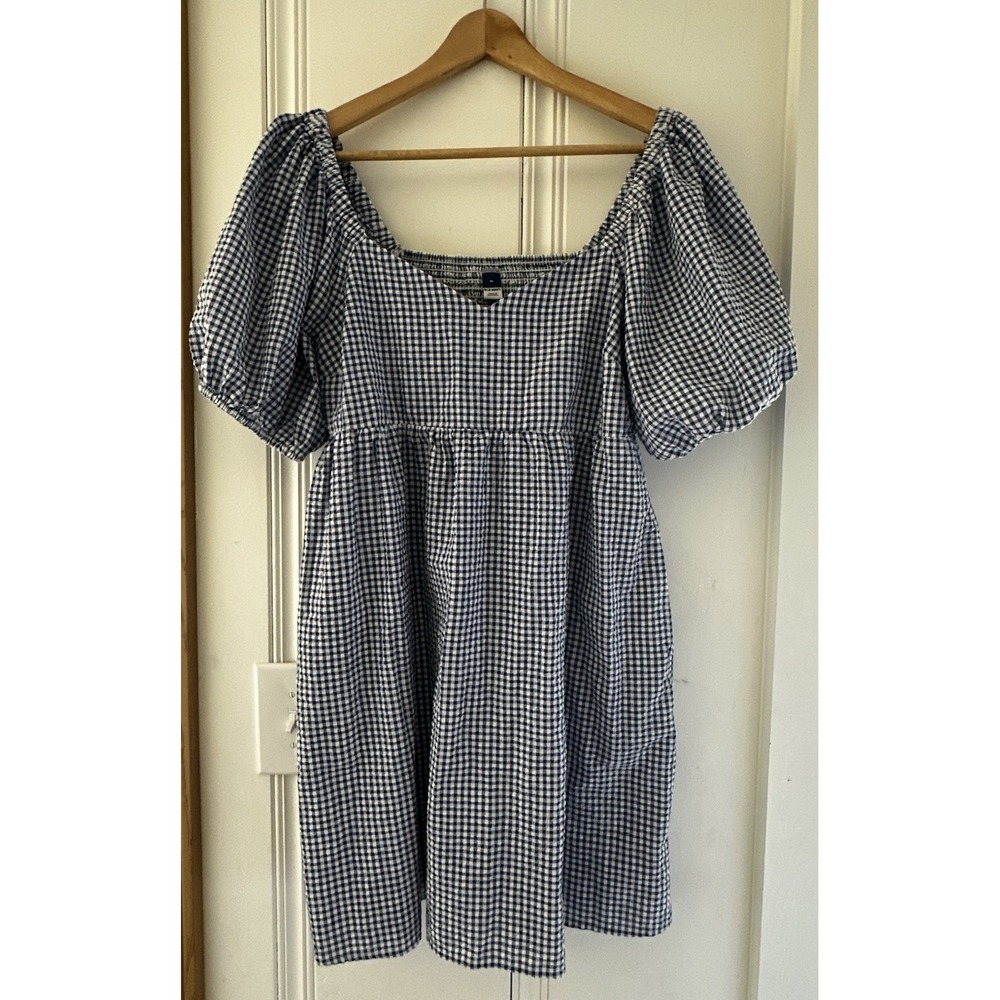 Gingham Babydoll Dress M Cottagecore Puff Sleeve Prairie Coquette Blue White